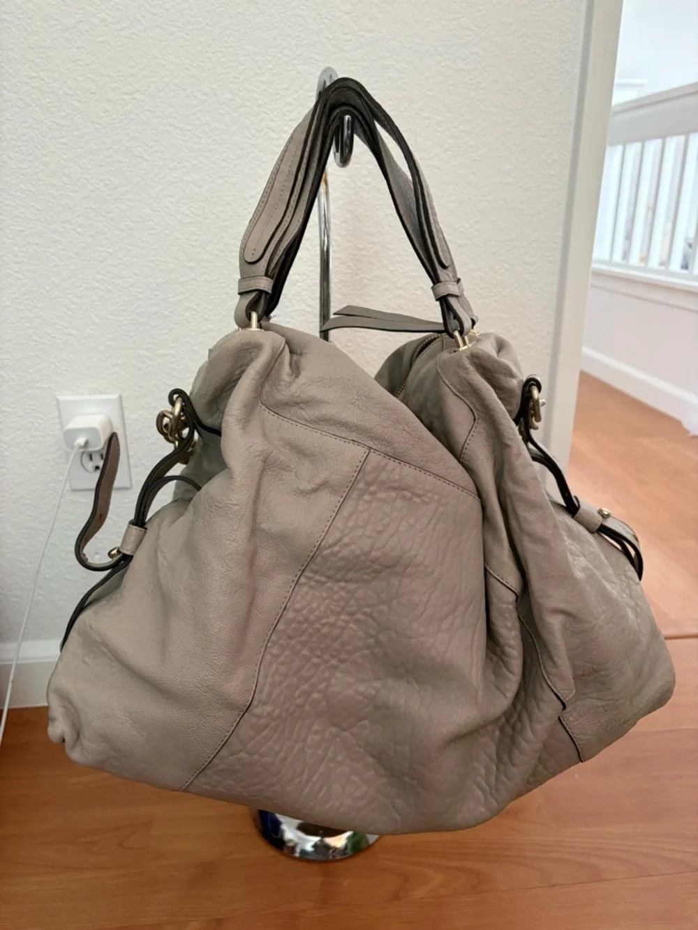 Neutral Taupe Leather Hobo Bag with Gold Chain Detail